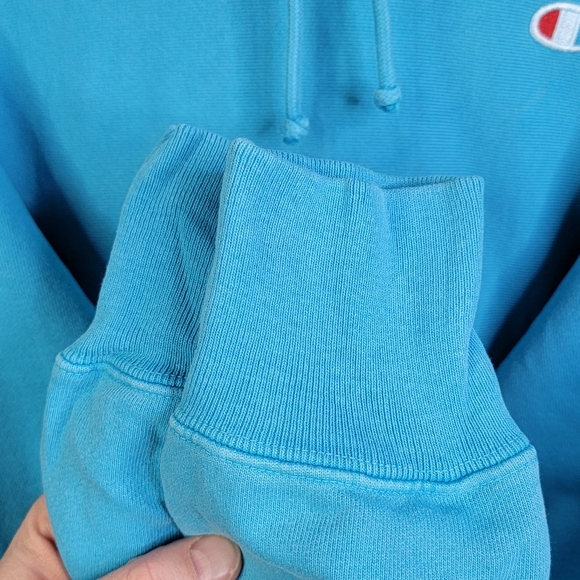 Champion Reverse Weave Y2K Light Blue Spell Out Hoodie Hooded Sweatshirt Men's M - Picture 7 of 16